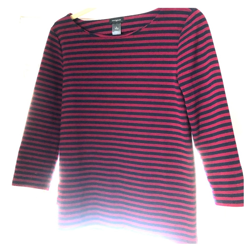 Ann Taylor brugendy & navy striped 3/4 sleeve top